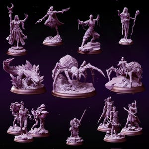 Puede incluir: Una colección de 10 figuras en miniatura, pintadas en tonos de morado y gris, que representan varios personajes y criaturas. Las figuras se muestran en bases individuales, algunas con detalles intrincados.