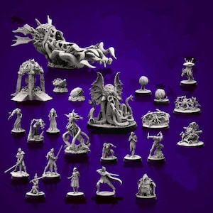 Puede incluir: Colección de detalladas figuras en miniatura grises, incluyendo monstruos, humanoides y elementos arquitectónicos, dispuestas sobre un fondo púrpura. Las figuras varían en tamaño y diseño, adecuadas para juegos de mesa o exhibición.