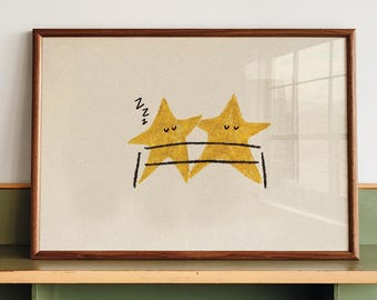 Handdrawn Sleeping Stars Print, Romantic Headboard Decoration, Minimalistic Bedside Table Poster, Celestial Apartment Accessory