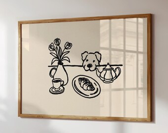 Handdrawn Puppy Lover Print, Humorous Sneaky Pitbull Decoration, Contemporary Apartment Ornament, Minimalistic Breakfast Illustration