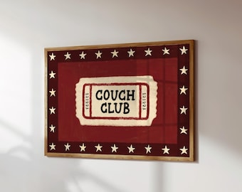 Hand Drawn Couch Potato Club Print, Maximalist Hallway Decoration, Vintage College Apartment Artwork (Digital Download)