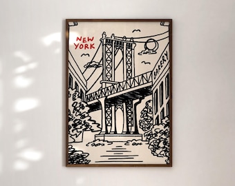 Handmade New York City Wall Print, Retro Manhattan Bridge Illustration, Neutral and Minimal Apartment Aesthetic