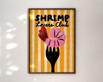 Handmade Shrimp Lovers Club Print, Seafood Restaurant and Beach House Decoration, Nautical Foodie Illustration
