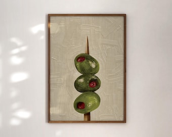 Handmade Olive Stick Print, Handcrafted Digital Impasto Painting, Minimalistic Restaurant Decoration, Artistic Dining Poster