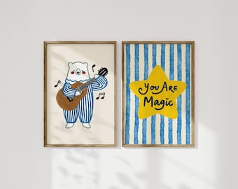 Hand-Drawn Blue Kids’ Playroom Print Set, Colorful Toddler Room Gallery (Digital Download, 2 Prints)