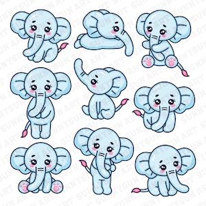 Cute Elephant Clipart, Kawaii Cartoon Elephant PNGs, Blue Elephant Graphics, Adorable Elephant Cartoon Images, Baby Elephant, White Elephant
