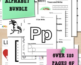 Alphabet Arbeitsblatt zum ausdrucken. Bundle für Vorschul- und Kindergartenkinder Nachmalen, Ausmalen und Schreiben, PDF-Download