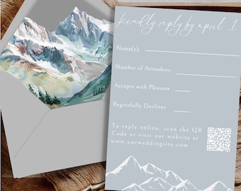 Mountain Wedding Invitation Template Download Printable Wedding Canva Template Dusty Blue Wedding RSVP Card Rustic Wedding RSVP Reply BL1