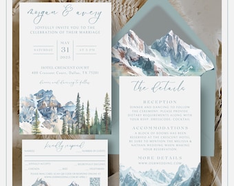 Mountain Wedding Invitation Suite Rustic Mountain Wedding Invite Editable Template Bundle Sage Green Wedding DIY Printable Wedding #Mount1