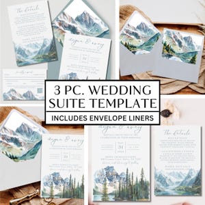 May include: A wedding suite template with a watercolour mountain landscape design. The suite includes invitation cards, RSVP cards, and details cards, with matching envelope liners. The text on the cards reads "3 PC. WEDDING SUITE TEMPLATE" and "Includes Envelope Liners".