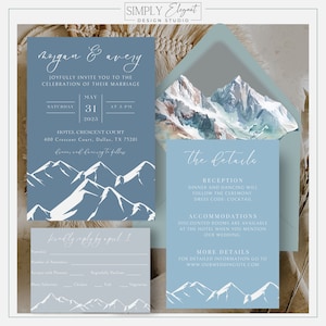 Peut inclure: Ensemble de faire-part de mariage élégant en bleu et blanc, avec un motif de chaîne de montagnes. L'invitation comprend les noms "Morgan & Avery", les détails de l'événement et une carte de réponse. L'ensemble comprend également une carte de détails.