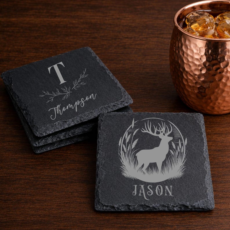 Personalized Coaster Set Engraved Slate Coaster Custom Wedding Gift Personalized Housewarming Gift for Newlywed Monogram Anniversary Gift image 3