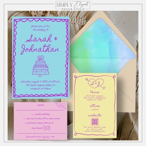 Retro Wedding Invitation Template Download Canva Hand Drawn Wedding Invitation Colorful Wedding Invitation Suite Funky Wedding Invite #R2