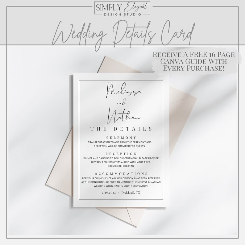 Minimalist Wedding Details Card Template Canva Digital Download Modern Wedding Details Template Printable Wedding Calligraphy Wedding ML1 image 1