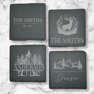 Personalized Coaster Set Engraved Slate Coaster Custom Wedding Gift Personalized Housewarming Gift for Newlywed Monogram Anniversary Gift image 6