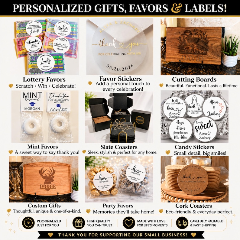 May include: A collage of personalised gifts and favours including lottery ticket stickers, circular favour labels, a wooden cutting board with a duck engraving, mints in clear bags, slate coasters, candy stickers, a wooden cutting board with a deer, party favour bags, and cork coasters.