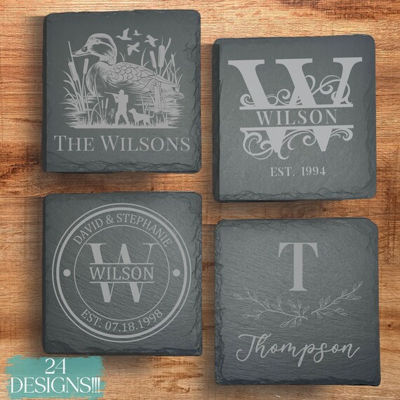 Personalized Coaster Set Engraved Slate Coaster Custom Wedding Gift Personalized Housewarming Gift for Newlywed Monogram Anniversary Gift