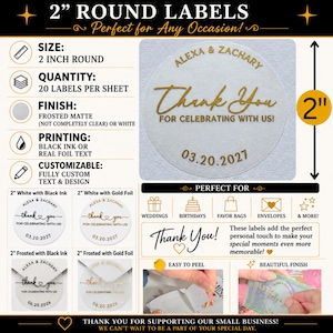 May include: A set of 5.08 cm round labels featuring the text Alexa & Zachary, Thank You For Celebrating With Us, and the date 03.20.2027. The labels are available in frosted matte or white finishes with either black ink or real gold foil text.