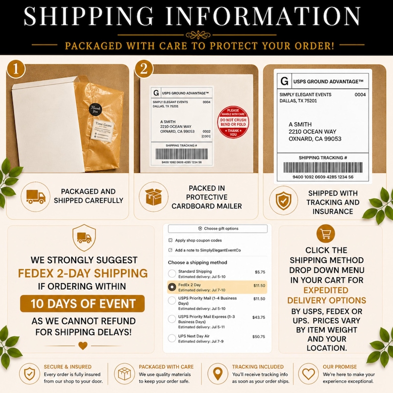May include: An informational graphic detailing shipping procedures, featuring a white mailer, a cardboard envelope with a USPS Ground Advantage label, and a digital checkout menu showing various delivery options like FedEx 2-Day and USPS Priority Mail.