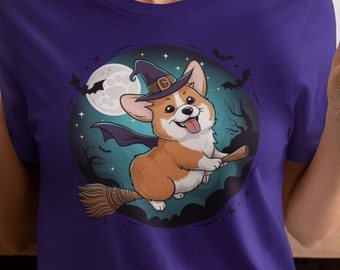 Enchanted Corgi Witch Halloween T-Shirt: Spooky Season Tee