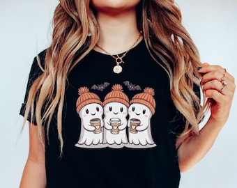 Linda camiseta de fantasma, camiseta de Halloween, camiseta de café fantasma, linda camiseta de otoño, camiseta de temporada espeluznante