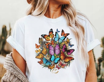 Butterfly Bouquet Graphic T-Shirt: Vibrant Cottagecore Tee