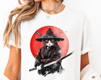 Samurai Cat T-Shirt: Sumi-e Ink Wash Style, Martial Arts Fan Gift