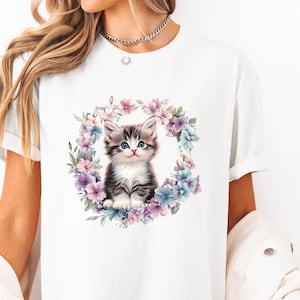 Cute Floral Cat T Shirt Adorable Kitten with Flowers Tee Artistic Pastel Cat Lover Shirt Feminine Aesthetic Kitty Gift Cottagecore Kitten