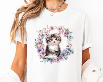 Süßes Blumenkatzen-T-Shirt entzückendes Kätzchen mit Blumen-T-Stück Künstlerischer Pastellkatzen-Liebhaber-Hemd Feminine Ästhetik Kitty Geschenk Cottagecore Kätzchen