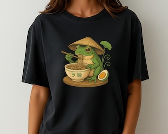 Frog Eating Ramen Shirt Cute Funny Japanese Noodle Bowl Graphic Tee Foodie Animal Lover Shirt with Straw Hat Whimsical Design
