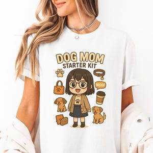 Dog Mom Starter Kit Shirt Cute Dog Lover Gift for Women Funny Cartoon Style Pet Owner Tee with Coffee Dogs Bag and Paw Print Design