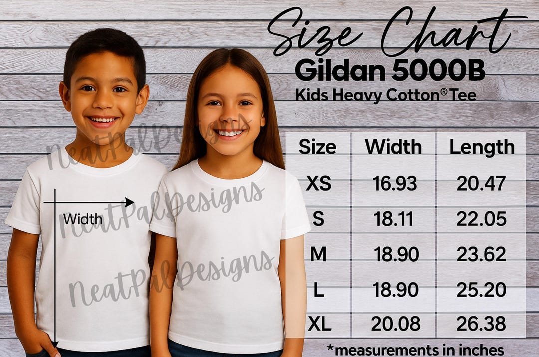 Gildan 5000B Kids T-shirt Size Chart: Youth Unisex Sizing (digital