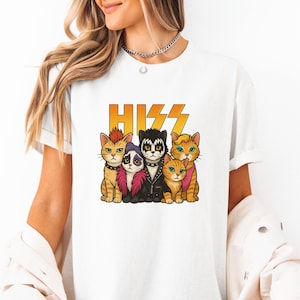 Funny HISS Cat Band Shirt Parody Rock Music Kitty Graphic Heavy Metal Cats in Costume Feline Rocker Concert Humor Tee for Fans