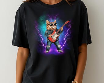 Vintage Rockstar Cat Electric Guitar T-Shirt: Funny Retro Music Tee