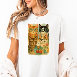 Maglietta con collage di gatti in tecnica mista, gatti vintage eccentrici con gli occhiali, maglietta retrò in stile carta strappata, maglietta grafica astratta e divertente per amanti dei gatti