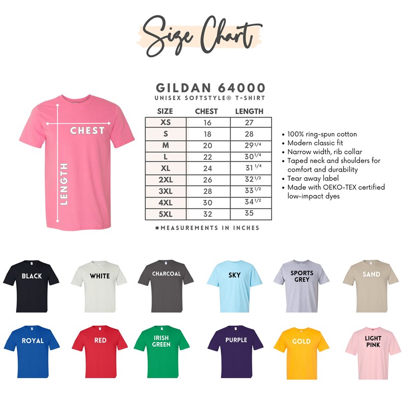 K&ouml;nnte beinhalten: Gr&ouml;&szlig;entabelle f&uuml;r Gildan 64000 Unisex Softstyle T-Shirts. Die Tabelle zeigt Brust- und L&auml;ngenma&szlig;e in Zoll f&uuml;r die Gr&ouml;&szlig;en XS bis 5XL. Die Tabelle enth&auml;lt auch eine Beschreibung der Eigenschaften des T-Shirts, wie z. B. 100 % ringgesponnene Baumwolle, moderne klassische Passform und abrei&szlig;bares Etikett.