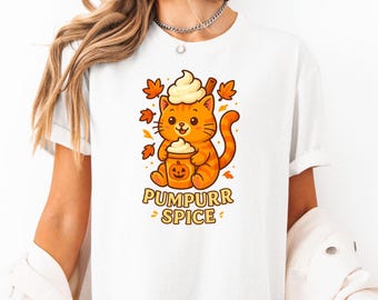 Pumpurr Spice Shirt Niedliches Halloween Katze Kürbis Latte Kostüm Herbst Kaffee Liebhaber Grafik T-Shirt Lustiges Herbst Kitty PSL T-Shirt für Frauen