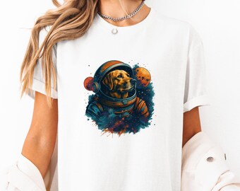 Maglietta da astronauta con cane spaziale, maglietta artistica con cane galattico nel casco spaziale per gli appassionati di fantascienza, amanti degli animali cosmici, regalo retrò NASA per nerd dello spazio.