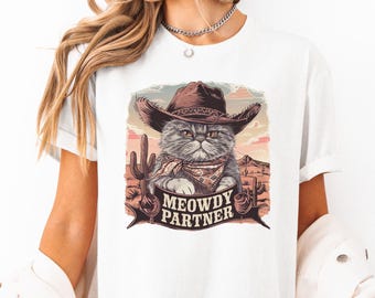 Witziges Partner T-Shirt: Cowboy Katze, Vintage Western T-Shirt
