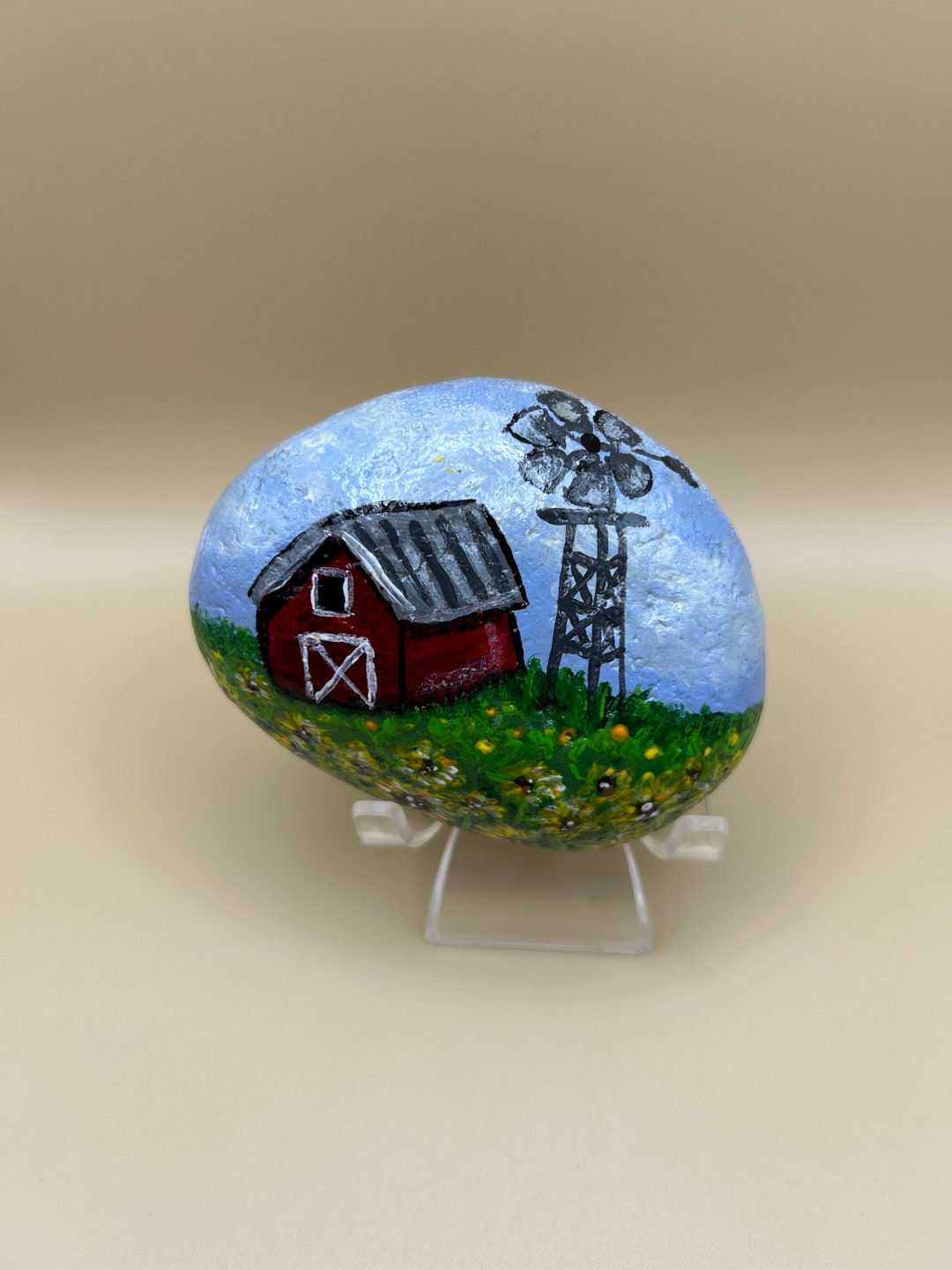 Farm Scene Painted Rock-barn, Windmill and Sunflowers Painted Rock-rock ...