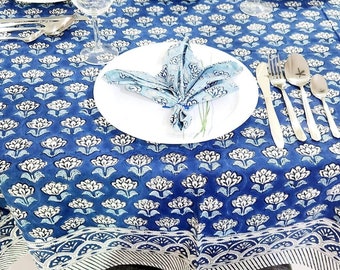 Blue Lotus Hand block printed Table cloth- Blue Table cover - Rectangle and round table cloth- Mothers Day gift - 6 & 8 Seater