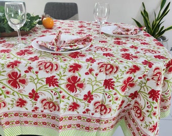 Red Floral Hand block printed Table cloth - Rectangle and Round table cloth- Country Kitchen table cloth- Mother's Day gift- 4, 6 & 8 Seater