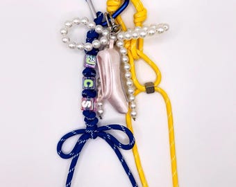 Customizable 3-Letter Keychain with Blue & Yellow Cord – Stylish Pearl and Bow Bag Charm