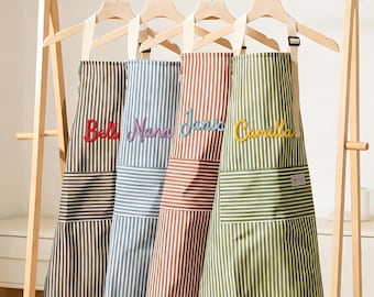 Custom Hand-Embroidered Apron, Personalized Name Apron with Pockets, Striped Apron, Kitchen Apron, Birthday Gift for Mom, Mother's Day Gifts