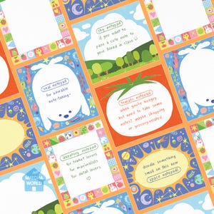 May include: A collection of colorful square notepads with various designs and text. The notepads feature illustrations of a seal, tomato, and space-themed elements. Text includes "sky notepad," "seal notepad," "tomato notepad," and "space notepad."