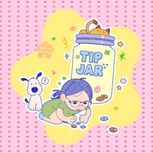 Pode incluir: Uma ilustração amarela e branca de um pote de gorjeta com um gato dormindo em cima. Uma pessoa com cabelo azul e óculos está colocando a mão no pote para pegar moedas. Um cachorro branco com um ponto de exclamação vermelho acima de sua cabeça está olhando.