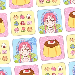 May include: A set of colorful stickers featuring a cartoon character with pink hair and glasses, a pudding dessert with a cherry on top, and various other cute illustrations. The stickers are arranged in a grid pattern on a white background.