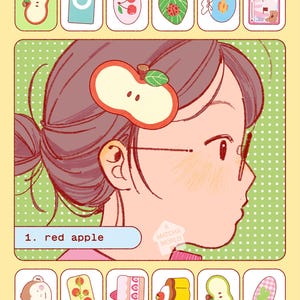 May include: A digital illustration of a person in profile wearing glasses and an apple-shaped hair clip. The image features a green polka-dot background, a text box reading 1. red apple, and a border of small icons including fruit and sweets.