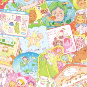 May include: A collection of colorful stickers featuring various illustrated characters, a computer game interface, a fishbowl, a star with the text Let's give up, a Neapolitan ice cream graphic, and a bed scene with the text Anybody feel like jumping.