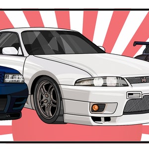 May include: Three Japanese sports cars, a blue Nissan Skyline GT-R R32, a white Nissan Skyline GT-R R33, and a purple Nissan Skyline GT-R R34, are shown against a red and white rising sun background.